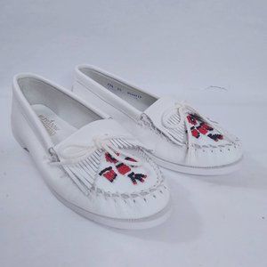 Minnetonka White Leather Beaded Moccasins Size 10